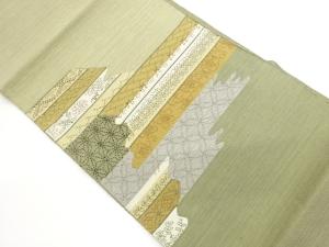 手織り紬刺し子変わり横段に七宝・麻の葉模様名古屋帯